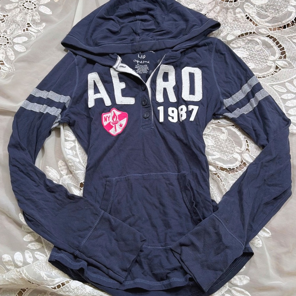 Aeropostale Y2K Preppy Navy Blue Henley Hoodie Long Sleeve Graphic Logo Top L